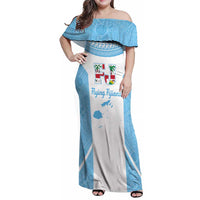 Custom Fiji Tapa Rugby Family Matching Off Shoulder Maxi Dress and Hawaiian Shirt Flying Fijian Blue And White Version