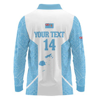 Custom Fiji Tapa Rugby Long Sleeve Polo Shirt Flying Fijian Blue And White Version