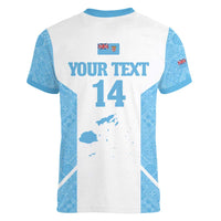 Custom Fiji Tapa Rugby Women V-Neck T-Shirt Flying Fijian Blue And White Version