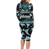 Kia Ora New Zealand Long Sleeve Bodycon Dress Aotearoa Proud Maori Paua Shell Silver Fern - Polynesian Pride