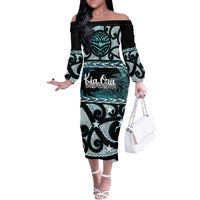 Kia Ora New Zealand Off The Shoulder Long Sleeve Dress Aotearoa Proud Maori Paua Shell Silver Fern - Polynesian Pride