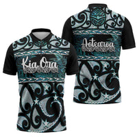 Kia Ora New Zealand Zipper Polo Shirt Aotearoa Proud Maori Paua Shell Silver Fern - Polynesian Pride