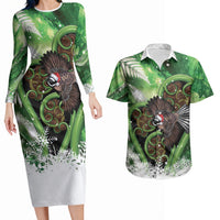 Piwakawaka New Zealand Christmas In July Couples Matching Long Sleeve Bodycon Dress and Hawaiian Shirt NZ Aroha Koru Fern Marble Vibes LT14 Green - Polynesian Pride