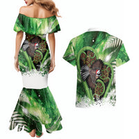 Piwakawaka New Zealand Christmas In July Couples Matching Mermaid Dress and Hawaiian Shirt NZ Aroha Koru Fern Marble Vibes
