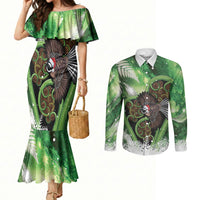 Piwakawaka New Zealand Christmas In July Couples Matching Mermaid Dress and Long Sleeve Button Shirt NZ Aroha Koru Fern Marble Vibes LT14 Green - Polynesian Pride