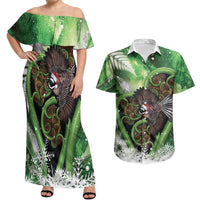 Piwakawaka New Zealand Christmas In July Couples Matching Off Shoulder Maxi Dress and Hawaiian Shirt NZ Aroha Koru Fern Marble Vibes LT14 Green - Polynesian Pride