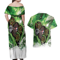 Piwakawaka New Zealand Christmas In July Couples Matching Off Shoulder Maxi Dress and Hawaiian Shirt NZ Aroha Koru Fern Marble Vibes
