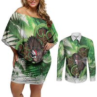 Piwakawaka New Zealand Christmas In July Couples Matching Off Shoulder Short Dress and Long Sleeve Button Shirt NZ Aroha Koru Fern Marble Vibes LT14 Green - Polynesian Pride