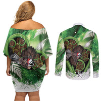 Piwakawaka New Zealand Christmas In July Couples Matching Off Shoulder Short Dress and Long Sleeve Button Shirt NZ Aroha Koru Fern Marble Vibes