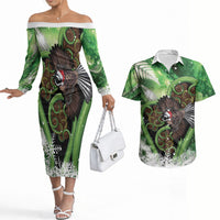 Piwakawaka New Zealand Christmas In July Couples Matching Off The Shoulder Long Sleeve Dress and Hawaiian Shirt NZ Aroha Koru Fern Marble Vibes LT14 Green - Polynesian Pride