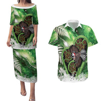 Piwakawaka New Zealand Christmas In July Couples Matching Puletasi and Hawaiian Shirt NZ Aroha Koru Fern Marble Vibes