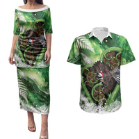 Piwakawaka New Zealand Christmas In July Couples Matching Puletasi and Hawaiian Shirt NZ Aroha Koru Fern Marble Vibes LT14 Green - Polynesian Pride