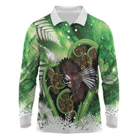 Piwakawaka New Zealand Christmas In July Long Sleeve Polo Shirt NZ Aroha Koru Fern Marble Vibes