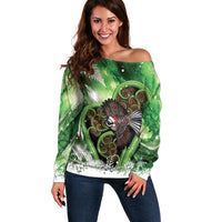Piwakawaka New Zealand Christmas In July Off Shoulder Sweater NZ Aroha Koru Fern Marble Vibes