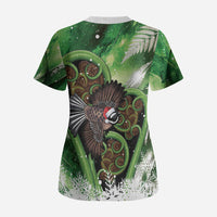 Piwakawaka New Zealand Christmas In July Scrub Top NZ Aroha Koru Fern Marble Vibes