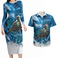 Tui Bird New Zealand Christmas In July Couples Matching Long Sleeve Bodycon Dress and Hawaiian Shirt NZ Aroha Koru Fern Marble Vibes LT14 Blue - Polynesian Pride