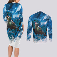 Tui Bird New Zealand Christmas In July Couples Matching Long Sleeve Bodycon Dress and Long Sleeve Button Shirt NZ Aroha Koru Fern Marble Vibes