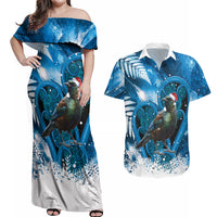 Tui Bird New Zealand Christmas In July Couples Matching Off Shoulder Maxi Dress and Hawaiian Shirt NZ Aroha Koru Fern Marble Vibes