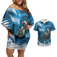 Tui Bird New Zealand Christmas In July Couples Matching Off Shoulder Short Dress and Hawaiian Shirt NZ Aroha Koru Fern Marble Vibes LT14 Blue - Polynesian Pride