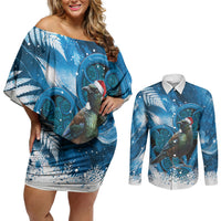 Tui Bird New Zealand Christmas In July Couples Matching Off Shoulder Short Dress and Long Sleeve Button Shirt NZ Aroha Koru Fern Marble Vibes LT14 Blue - Polynesian Pride