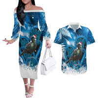 Tui Bird New Zealand Christmas In July Couples Matching Off The Shoulder Long Sleeve Dress and Hawaiian Shirt NZ Aroha Koru Fern Marble Vibes