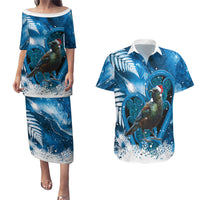 Tui Bird New Zealand Christmas In July Couples Matching Puletasi and Hawaiian Shirt NZ Aroha Koru Fern Marble Vibes