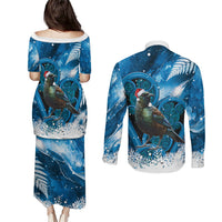 Tui Bird New Zealand Christmas In July Couples Matching Puletasi and Long Sleeve Button Shirt NZ Aroha Koru Fern Marble Vibes