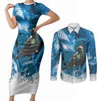 Tui Bird New Zealand Christmas In July Couples Matching Short Sleeve Bodycon Dress and Long Sleeve Button Shirt NZ Aroha Koru Fern Marble Vibes LT14 Blue - Polynesian Pride