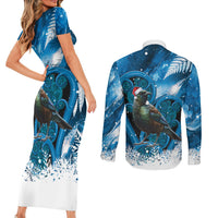 Tui Bird New Zealand Christmas In July Couples Matching Short Sleeve Bodycon Dress and Long Sleeve Button Shirt NZ Aroha Koru Fern Marble Vibes