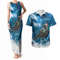 Tui Bird New Zealand Christmas In July Couples Matching Tank Maxi Dress and Hawaiian Shirt NZ Aroha Koru Fern Marble Vibes LT14 Blue - Polynesian Pride