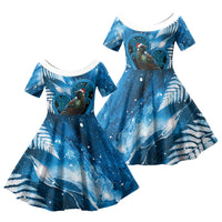 Tui Bird New Zealand Christmas In July Family Matching Off The Shoulder Long Sleeve Dress and Hawaiian Shirt NZ Aroha Koru Fern Marble Vibes LT14 Daughter's Dress Blue - Polynesian Pride