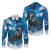 Tui Bird New Zealand Christmas In July Family Matching Off Shoulder Maxi Dress and Hawaiian Shirt NZ Aroha Koru Fern Marble Vibes LT14 Dad's Shirt - Long Sleeve Blue - Polynesian Pride