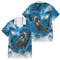 Tui Bird New Zealand Christmas In July Family Matching Off Shoulder Short Dress and Hawaiian Shirt NZ Aroha Koru Fern Marble Vibes LT14 Dad's Shirt - Short Sleeve Blue - Polynesian Pride