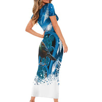 Tui Bird New Zealand Christmas In July Family Matching Short Sleeve Bodycon Dress and Hawaiian Shirt NZ Aroha Koru Fern Marble Vibes