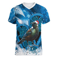 Tui Bird New Zealand Christmas In July Women V-Neck T-Shirt NZ Aroha Koru Fern Marble Vibes