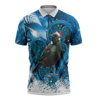 Tui Bird New Zealand Christmas In July Zipper Polo Shirt NZ Aroha Koru Fern Marble Vibes LT14 Blue - Polynesian Pride