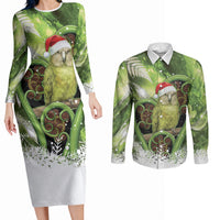 Kakapo New Zealand Christmas In July Couples Matching Long Sleeve Bodycon Dress and Long Sleeve Button Shirt NZ Aroha Koru Fern Marble Vibes LT14 Green - Polynesian Pride