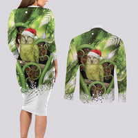 Kakapo New Zealand Christmas In July Couples Matching Long Sleeve Bodycon Dress and Long Sleeve Button Shirt NZ Aroha Koru Fern Marble Vibes