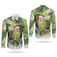 Kakapo New Zealand Christmas In July Couples Matching Long Sleeve Bodycon Dress and Long Sleeve Button Shirt NZ Aroha Koru Fern Marble Vibes LT14 - Polynesian Pride