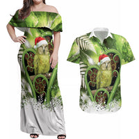 Kakapo New Zealand Christmas In July Couples Matching Off Shoulder Maxi Dress and Hawaiian Shirt NZ Aroha Koru Fern Marble Vibes