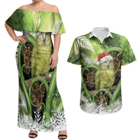 Kakapo New Zealand Christmas In July Couples Matching Off Shoulder Maxi Dress and Hawaiian Shirt NZ Aroha Koru Fern Marble Vibes LT14 Green - Polynesian Pride
