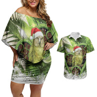 Kakapo New Zealand Christmas In July Couples Matching Off Shoulder Short Dress and Hawaiian Shirt NZ Aroha Koru Fern Marble Vibes LT14 Green - Polynesian Pride