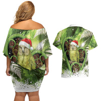 Kakapo New Zealand Christmas In July Couples Matching Off Shoulder Short Dress and Hawaiian Shirt NZ Aroha Koru Fern Marble Vibes