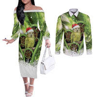 Kakapo New Zealand Christmas In July Couples Matching Off The Shoulder Long Sleeve Dress and Long Sleeve Button Shirt NZ Aroha Koru Fern Marble Vibes