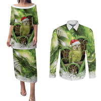 Kakapo New Zealand Christmas In July Couples Matching Puletasi and Long Sleeve Button Shirt NZ Aroha Koru Fern Marble Vibes