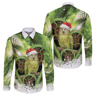 Kakapo New Zealand Christmas In July Family Matching Long Sleeve Bodycon Dress and Hawaiian Shirt NZ Aroha Koru Fern Marble Vibes LT14 Dad's Shirt - Long Sleeve Green - Polynesian Pride