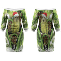 Kakapo New Zealand Christmas In July Family Matching Off The Shoulder Long Sleeve Dress and Hawaiian Shirt NZ Aroha Koru Fern Marble Vibes LT14 Mom's Dress Green - Polynesian Pride