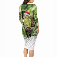 Kakapo New Zealand Christmas In July Long Sleeve Bodycon Dress NZ Aroha Koru Fern Marble Vibes LT14 - Polynesian Pride