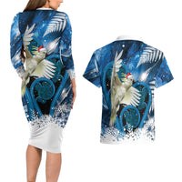 Sulphur-crested Cockatoo New Zealand Christmas In July Couples Matching Long Sleeve Bodycon Dress and Hawaiian Shirt NZ Aroha Koru Fern Marble Vibes