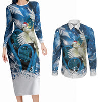 Sulphur-crested Cockatoo New Zealand Christmas In July Couples Matching Long Sleeve Bodycon Dress and Long Sleeve Button Shirt NZ Aroha Koru Fern Marble Vibes LT14 Blue - Polynesian Pride